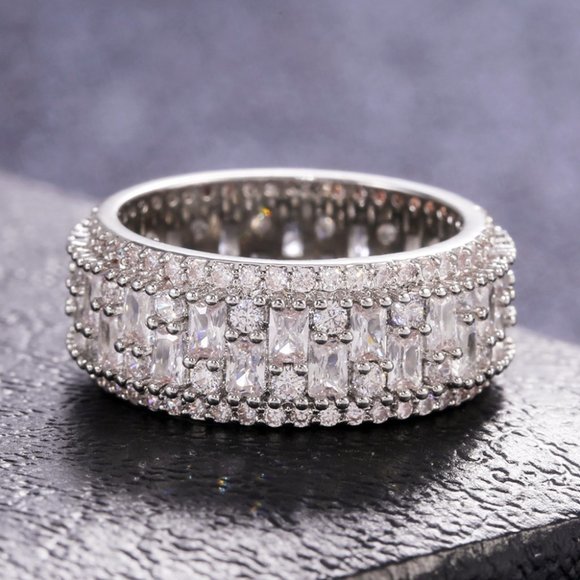 Fashion Rectangle Round Gems Zircon Luxury Eternity Ring for Women, EVGG1386 - Picture 1 of 15